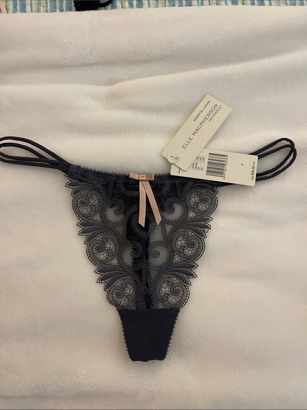 Elle Macpherson Intimates grey Lace Thong with Pink Bow Accent